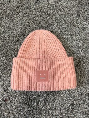 Pink Wool Blend Rib Knit Face Patch Beanie Hat One Size Minimalist